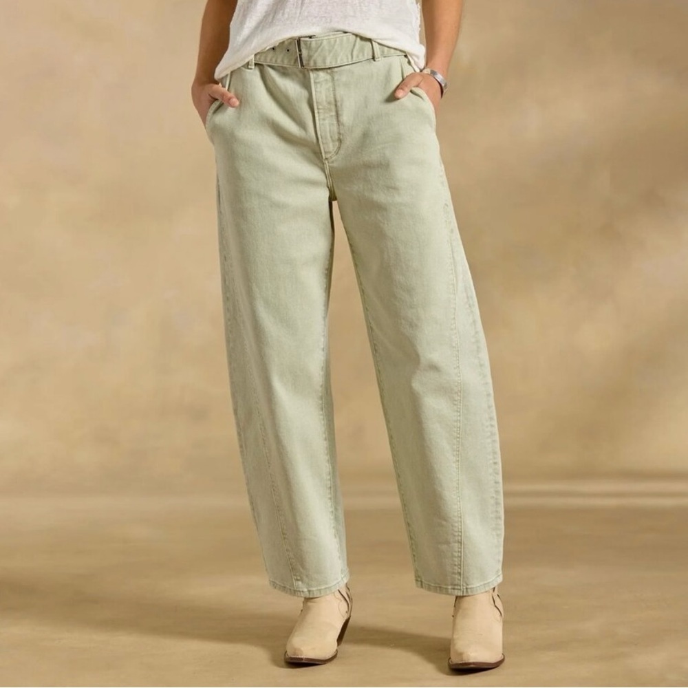Euc Driftwood Spencer Barrel Leg Pants Jeans Denim Belted Structured Green Sz 28